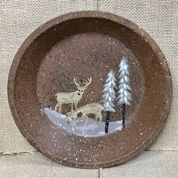 Vintage Other - Deer In Snow Mini Metal Pie Pan Painting Toleware Rustic Cottage Goblin Core